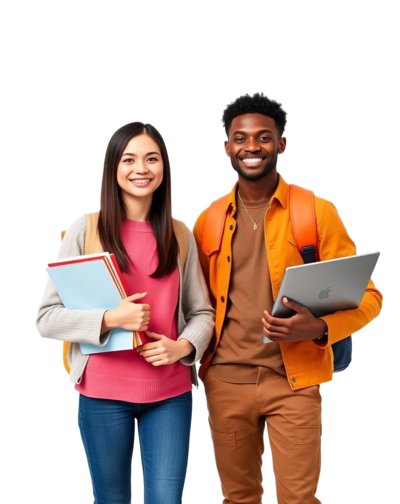 Two diverse high school students holding books and a laptop