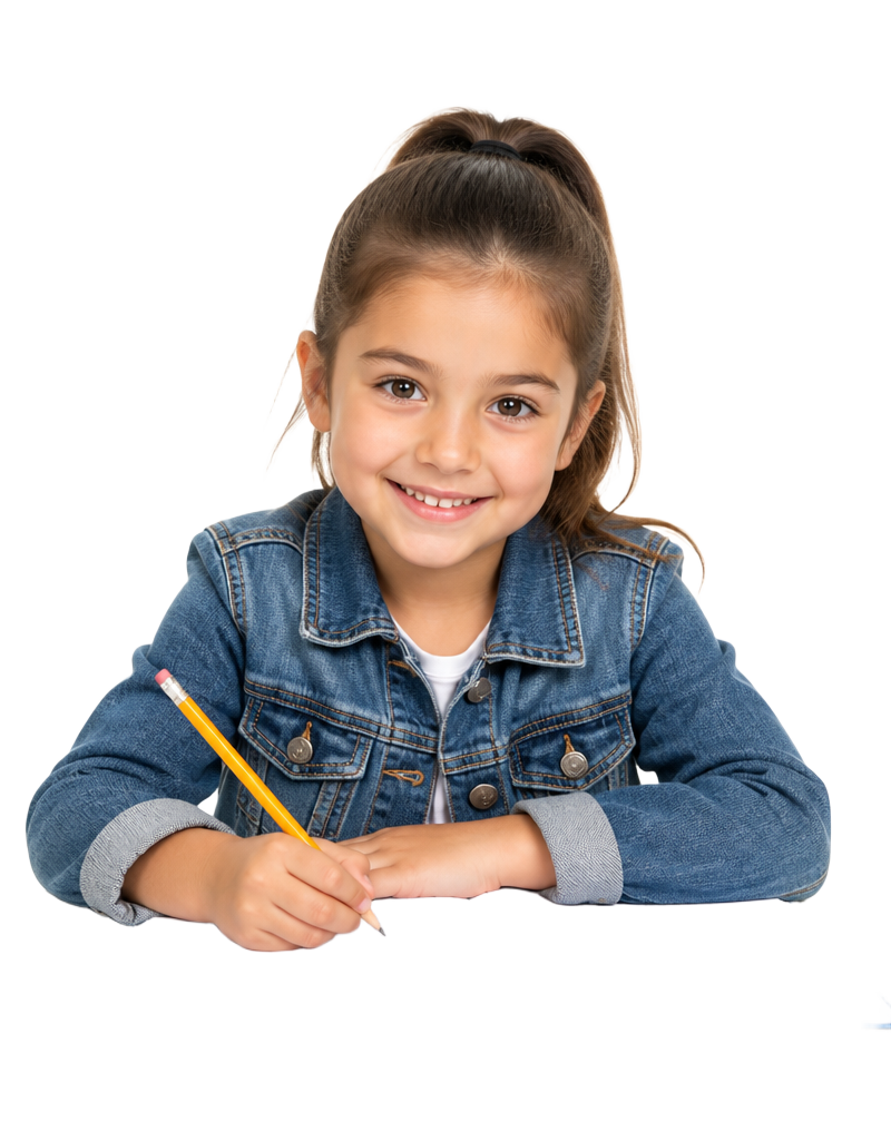 A young girl writing in a workbook at her desk